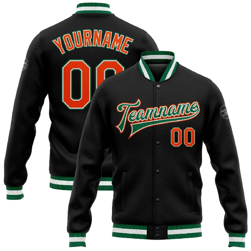 Versatile Clothing For All Genders Sophisticated Style Offers Custom Black Orange-Kelly Green Bomber Full-Snap Varsity Letterman Jacket