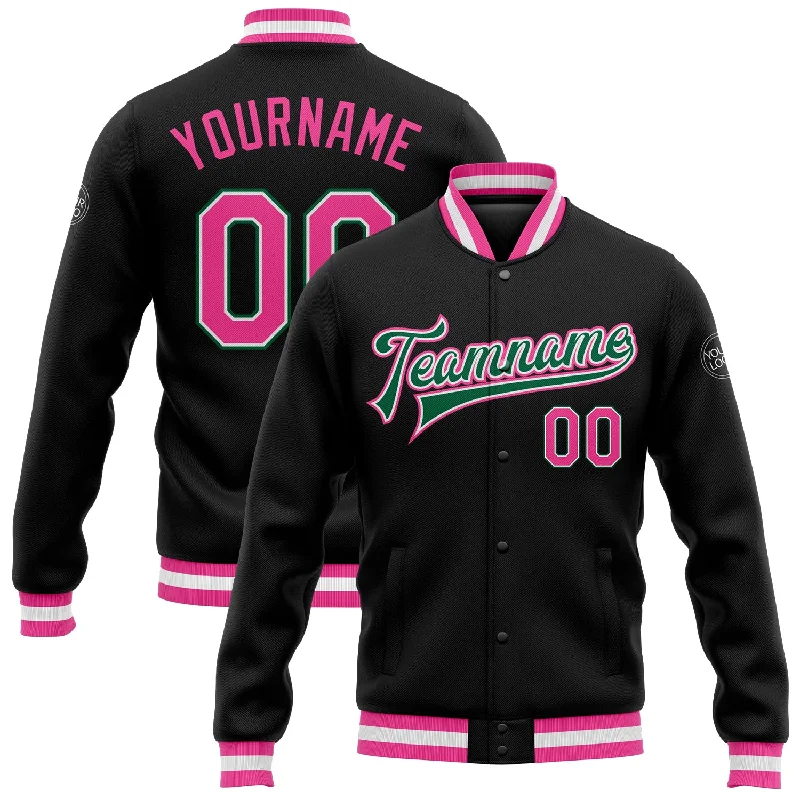 Gender-Neutral Fashion For Everyday Style Street Style Discounts Custom Black Pink-Kelly Green Bomber Full-Snap Varsity Letterman Jacket