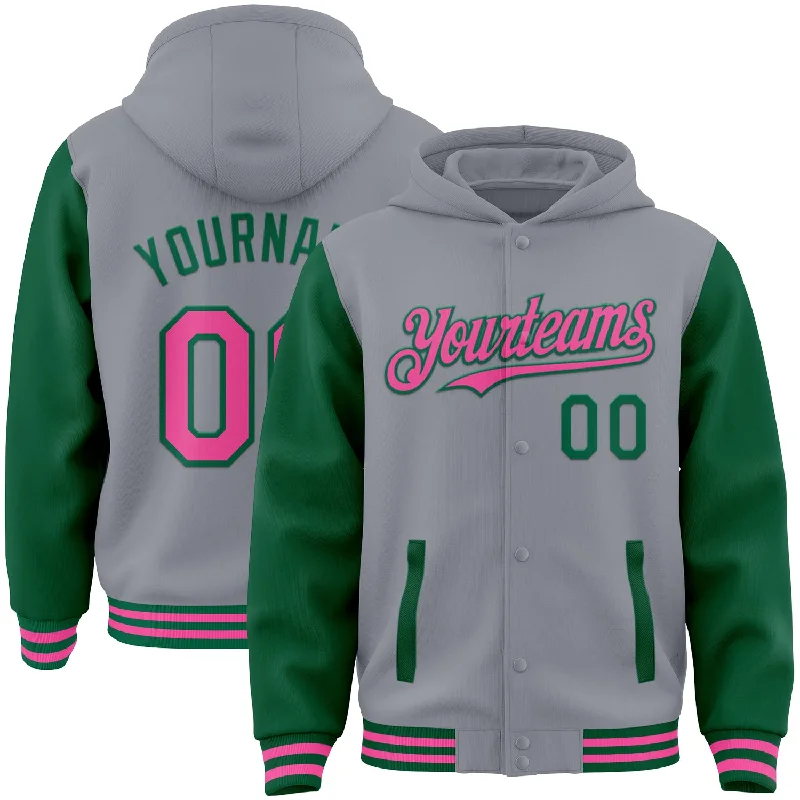 Chic And Contemporary Unisex Clothing Choices Chic Trend Collection Custom Gray Pink-Kelly Green Bomber Full-Snap Varsity Letterman Two Tone Hoodie Jacket