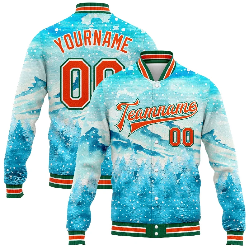 Relaxed-Fit Unisex Clothing Options Elegant Fashion Offers Custom Lakes Blue Orange-Kelly Green Watercolor Winter Snowy Landscape 3D Pattern Design Bomber Full-Snap Varsity Letterman Jacket