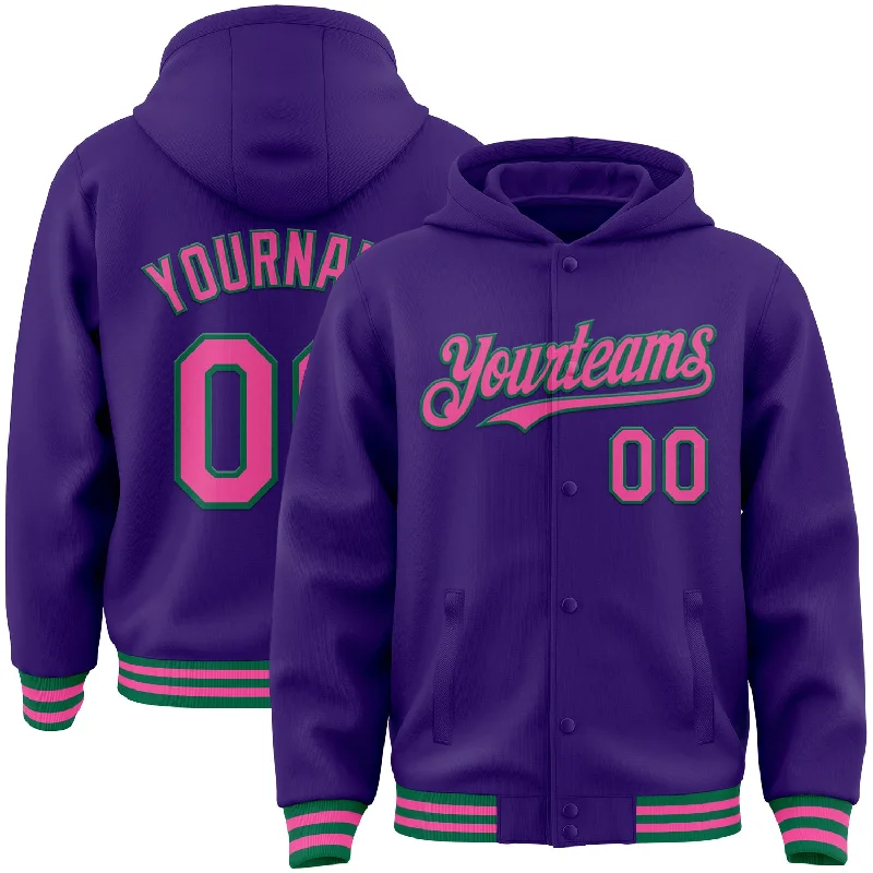 Bold And Trendy Gender-Neutral Outfits Luxury Fashion Custom Purple Pink-Kelly Green Bomber Full-Snap Varsity Letterman Hoodie Jacket