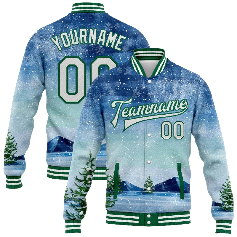 Versatile And Stylish Unisex Apparel Sporty Fashion Offers Custom Royal White-Kelly Green Watercolor Winter Landscape With Snowy Trees 3D Pattern Design Bomber Full-Snap Varsity Letterman Jacket