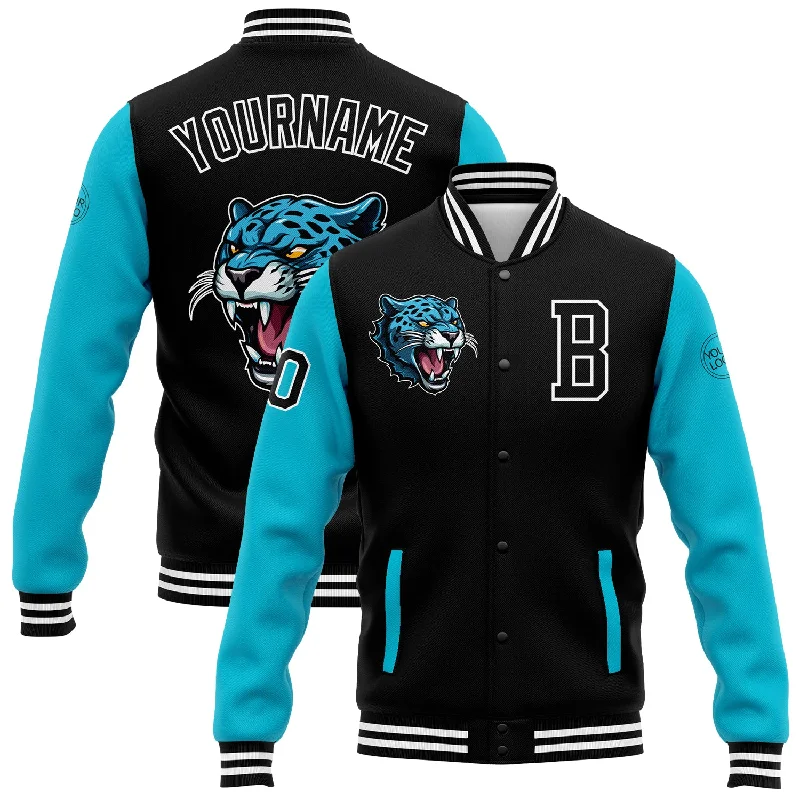 High-Quality Unisex Fashion Basics Hot Items Custom Black Lakes Blue-White 3D Pattern Design Bomber Full-Snap Varsity Letterman Jacket