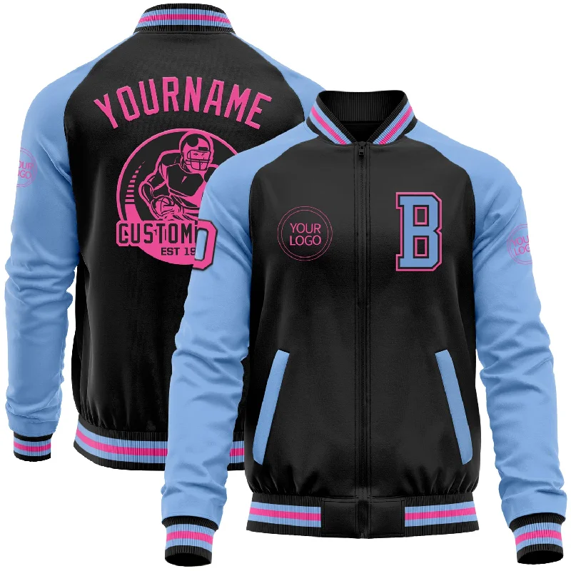 Oversized Unisex Apparel For Effortless Style Chic Styles Custom Black Pink-Light Blue Bomber Varsity Letterman Two Tone Zipper Jacket