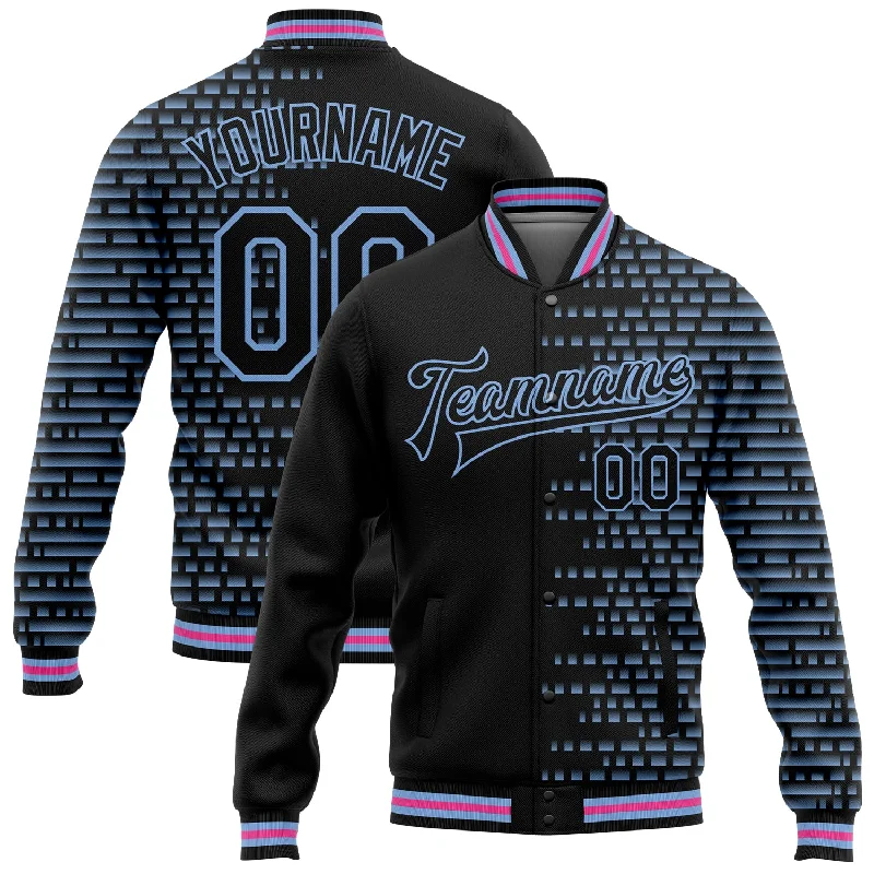 Sleek And Comfortable Unisex Wear Break Fashion Norms Custom Black Light Blue-Pink Halftone 3D Pattern Design Bomber Full-Snap Varsity Letterman Jacket