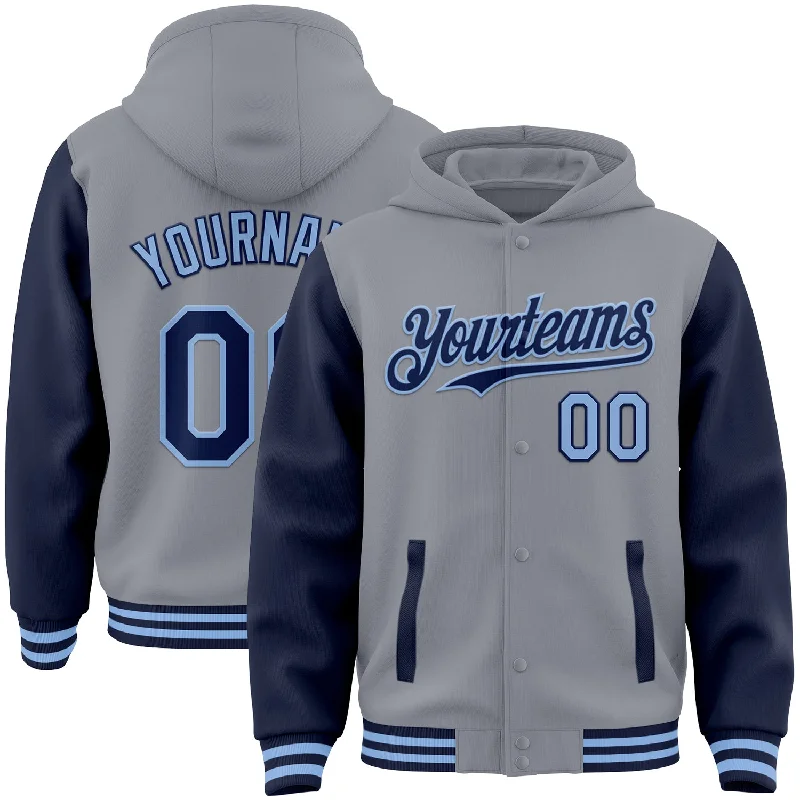 Gender-Neutral Fashion For Everyday Style Ride The Style Wave Custom Gray Navy-Light Blue Bomber Full-Snap Varsity Letterman Two Tone Hoodie Jacket