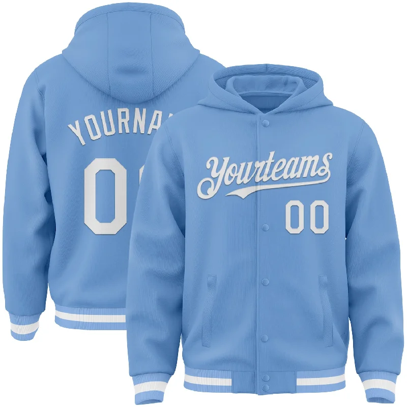 Fashion-Forward Gender-Neutral Outerwear Discover Now Custom Light Blue White Bomber Full-Snap Varsity Letterman Hoodie Jacket