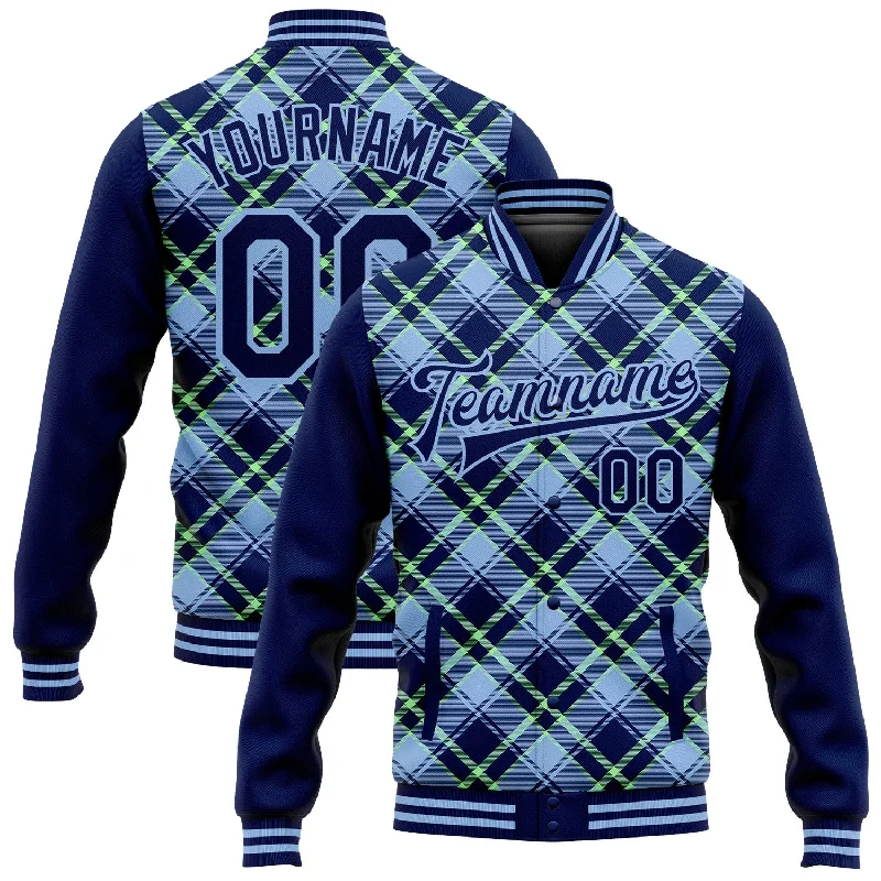 Casual And Trendy Unisex Fashion Staples Style Upgrade Custom Navy Light Blue-Neon Green Check Board 3D Pattern Design Bomber Full-Snap Varsity Letterman Jacket