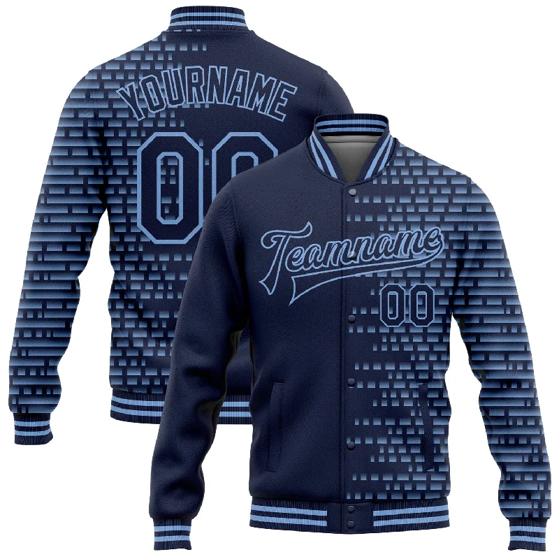 Soft And Breathable Unisex Loungewear New Season Fashion Preview Custom Navy Light Blue Halftone 3D Pattern Design Bomber Full-Snap Varsity Letterman Jacket