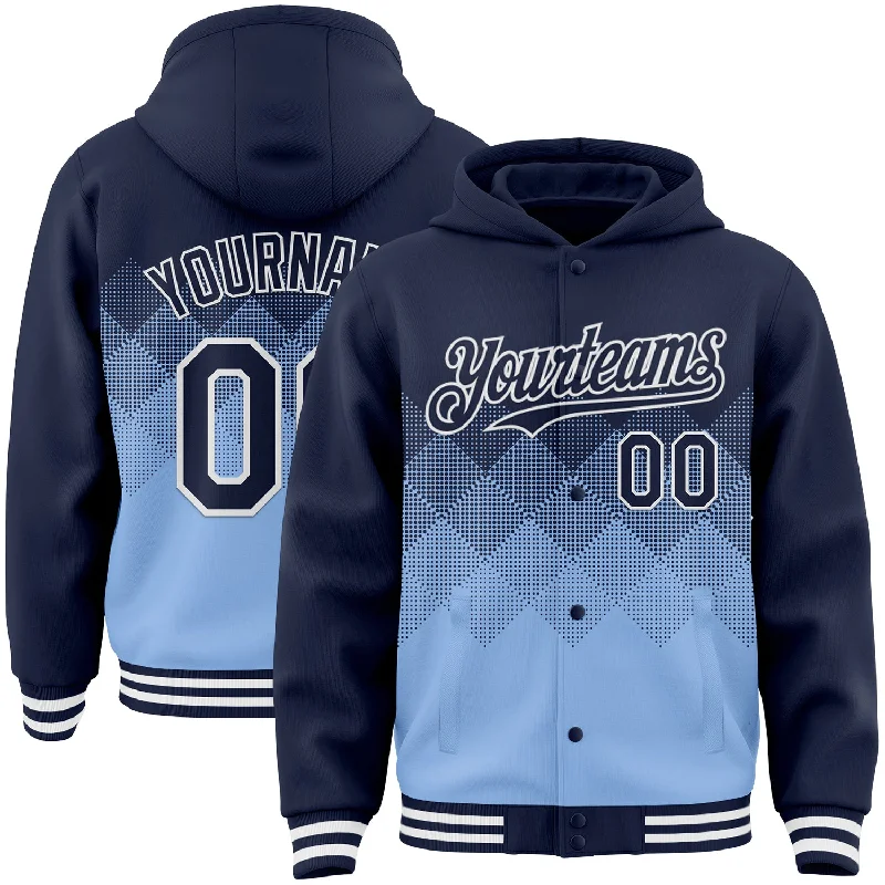 Relaxed-Fit Unisex Fashion For All-Day Comfort Vintage-Inspired Style Offers Custom Navy Light Blue-White Gradient Square Shape 3D Pattern Design Bomber Full-Snap Varsity Letterman Hoodie Jacket