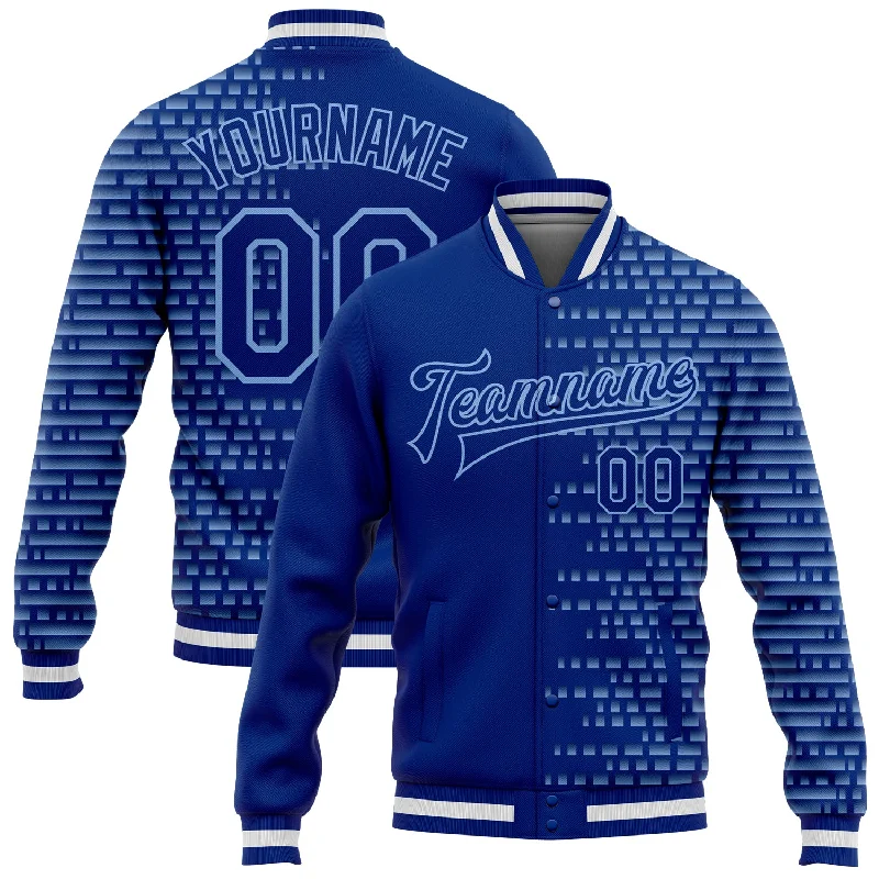 Fashion-Forward Gender-Neutral Outfit Ideas Catch Every Fashion Trend Custom Royal Light Blue-White Halftone 3D Pattern Design Bomber Full-Snap Varsity Letterman Jacket