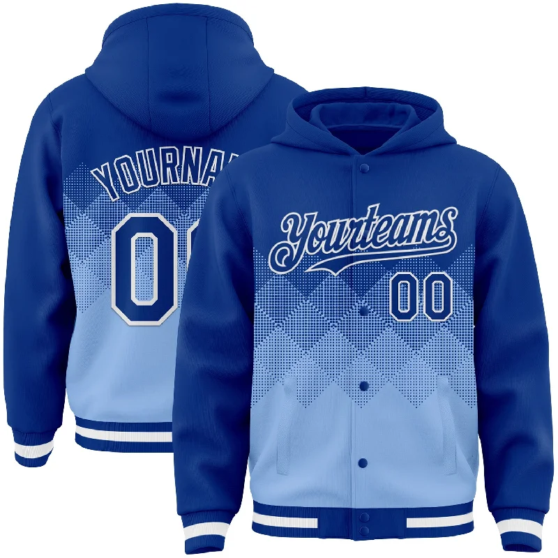 Versatile Unisex Layering Pieces Statement Fashion Offers Custom Royal Light Blue-White Gradient Square Shape 3D Pattern Design Bomber Full-Snap Varsity Letterman Hoodie Jacket