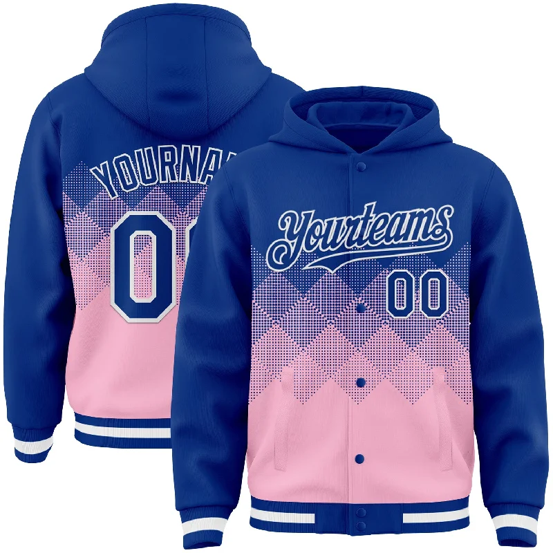 Fashion-Forward Gender-Neutral Outerwear Modern Chic Discounts Custom Royal Light Pink-White Gradient Square Shape 3D Pattern Design Bomber Full-Snap Varsity Letterman Hoodie Jacket