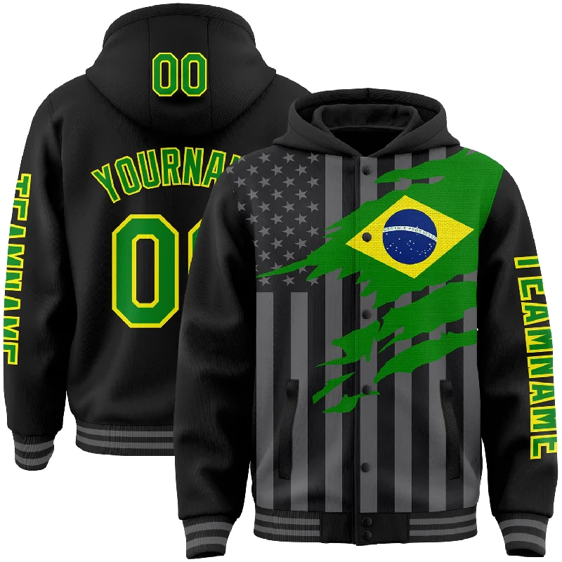 Urban-Inspired Unisex Fashion Pieces Clearance Event Custom Black Grass Green Light Yellow-Gray Brasil Brazilian Flag 3D Bomber Full-Snap Varsity Letterman Hoodie Jacket