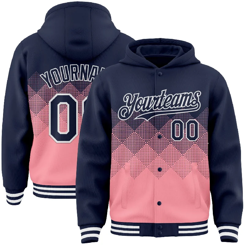 Modern Unisex Clothing For Any Occasion Casual Chic Deals Custom Navy Medium Pink-White Gradient Square Shape 3D Pattern Design Bomber Full-Snap Varsity Letterman Hoodie Jacket