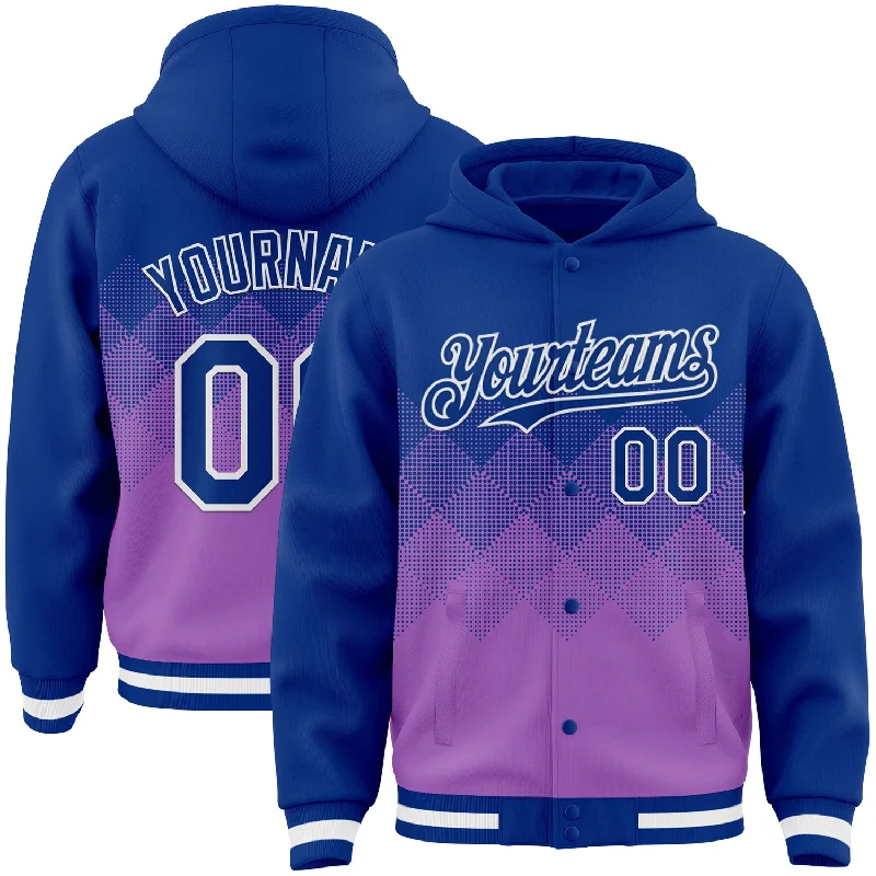 Minimalist Unisex Wardrobe Must-Haves Retro Style Promotions Custom Royal Medium Purple-White Gradient Square Shape 3D Pattern Design Bomber Full-Snap Varsity Letterman Hoodie Jacket