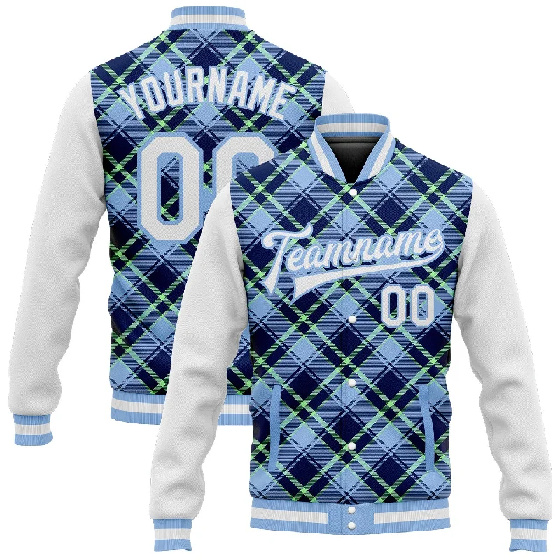 High-Quality Unisex Basics For Everyday Wear Seasonal Sale Custom Light Blue Navy-Neon Green Check Board 3D Pattern Design Bomber Full-Snap Varsity Letterman Jacket