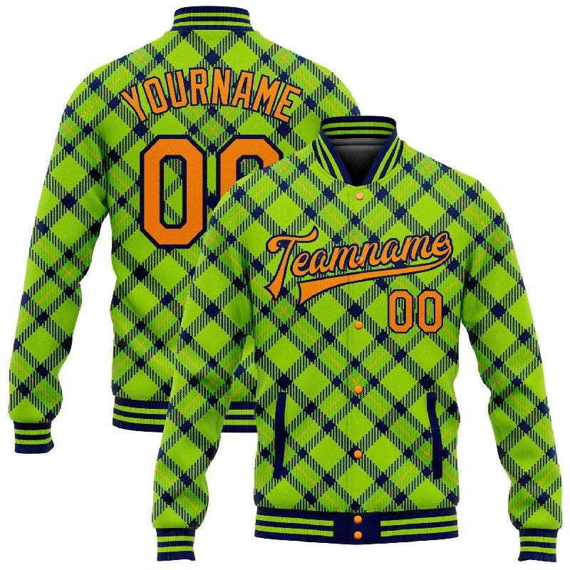 Comfortable And Stylish Unisex Outfits Holiday Glam Custom Neon Green Bay Orange-Navy Check Board 3D Pattern Design Bomber Full-Snap Varsity Letterman Jacket