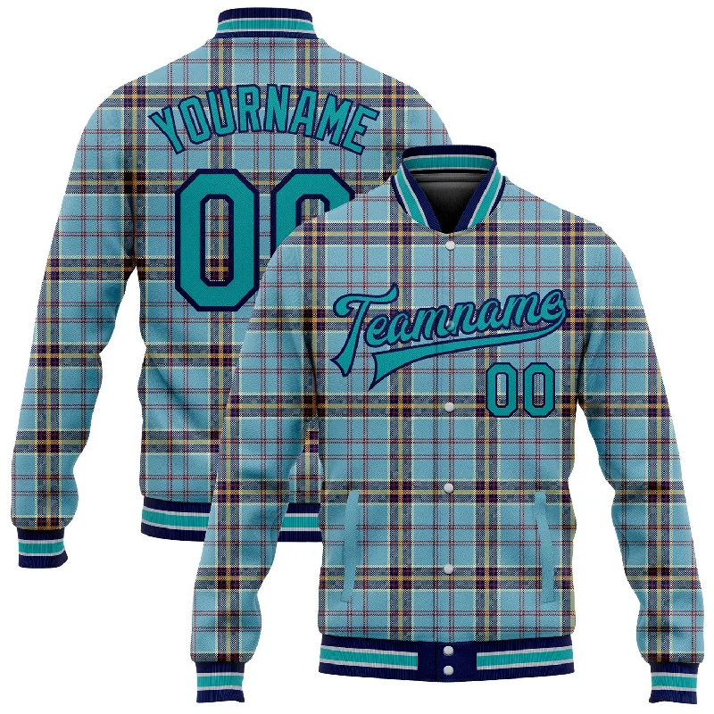 Urban Unisex Fashion Outfits Trendy Women'S Wear Collection Custom Shadow Blue Teal Navy-Gray Classic Western Plaid 3D Pattern Design Bomber Full-Snap Varsity Letterman Jacket