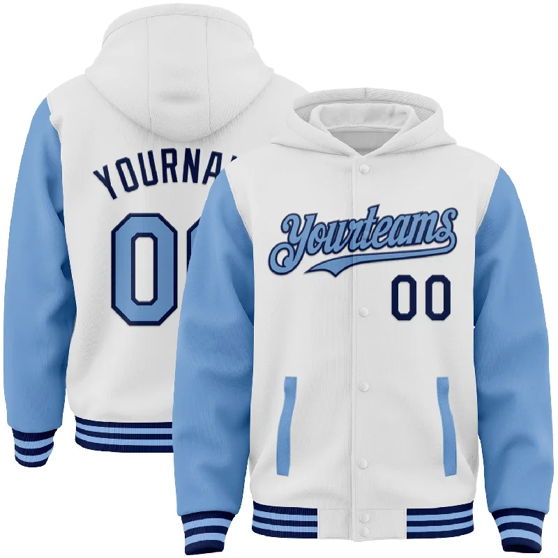 Versatile Unisex Layering Pieces Flash Sales Custom White Light Blue-Navy Bomber Full-Snap Varsity Letterman Two Tone Hoodie Jacket