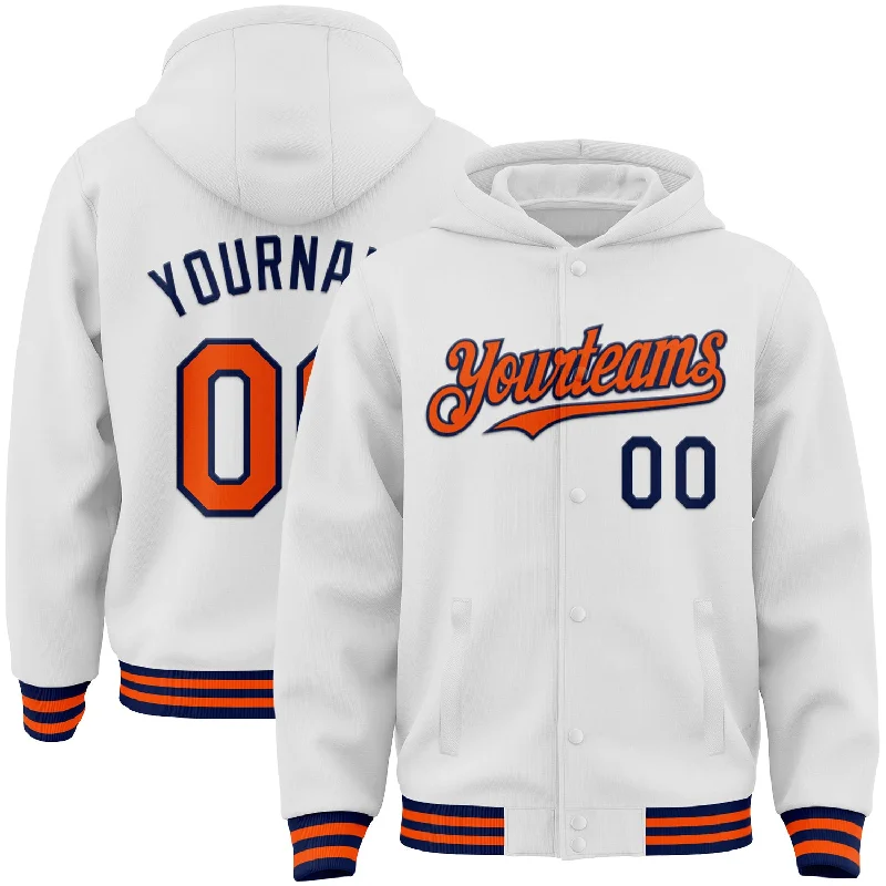 Everyday Wear For Men And Women Snag Fabulous Fashion Bargains Custom White Orange-Navy Bomber Full-Snap Varsity Letterman Hoodie Jacket