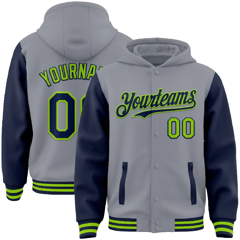 Relaxed-Fit Unisex Clothing Options Dive Into Trendy Styles Custom Gray Navy-Neon Green Bomber Full-Snap Varsity Letterman Two Tone Hoodie Jacket