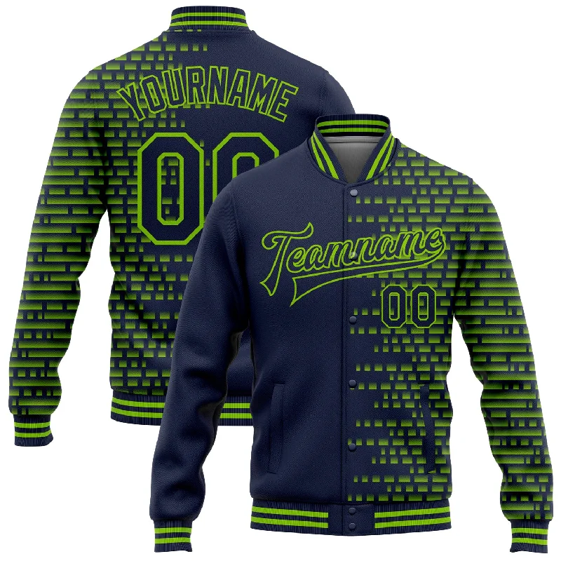 Versatile Clothing For All Genders The Latest Fashion Trends Custom Navy Neon Green Halftone 3D Pattern Design Bomber Full-Snap Varsity Letterman Jacket