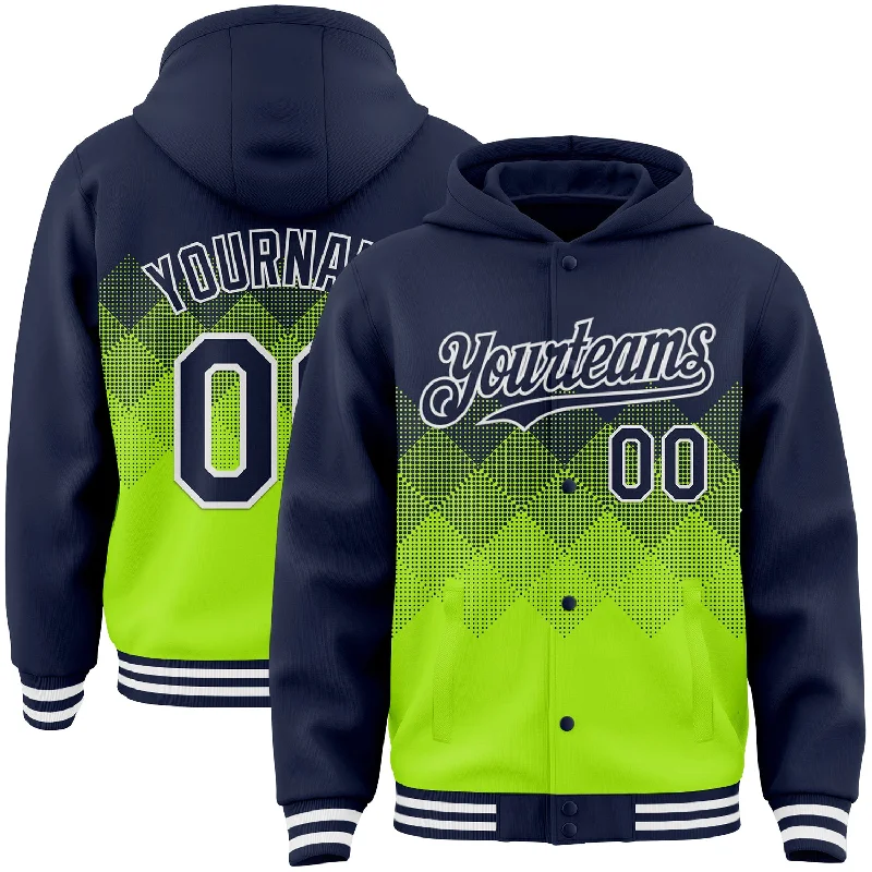 Chic And Contemporary Unisex Clothing Choices Fashion Sale Custom Navy Neon Green-White Gradient Square Shape 3D Pattern Design Bomber Full-Snap Varsity Letterman Hoodie Jacket