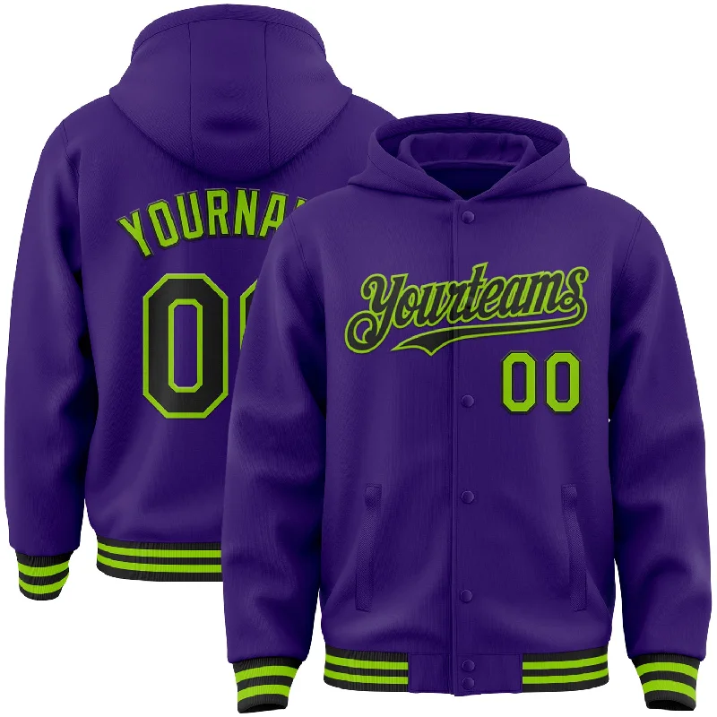 Elegant And Minimal Gender-Free Clothing Avant-Garde Style Promotions Custom Purple Black-Neon Green Bomber Full-Snap Varsity Letterman Hoodie Jacket
