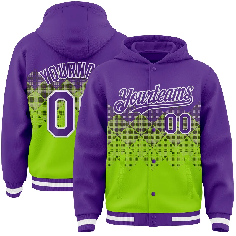 Trendy Unisex Luxury Fashion Custom Purple Neon Green-White Gradient Square Shape 3D Pattern Design Bomber Full-Snap Varsity Letterman Hoodie Jacket