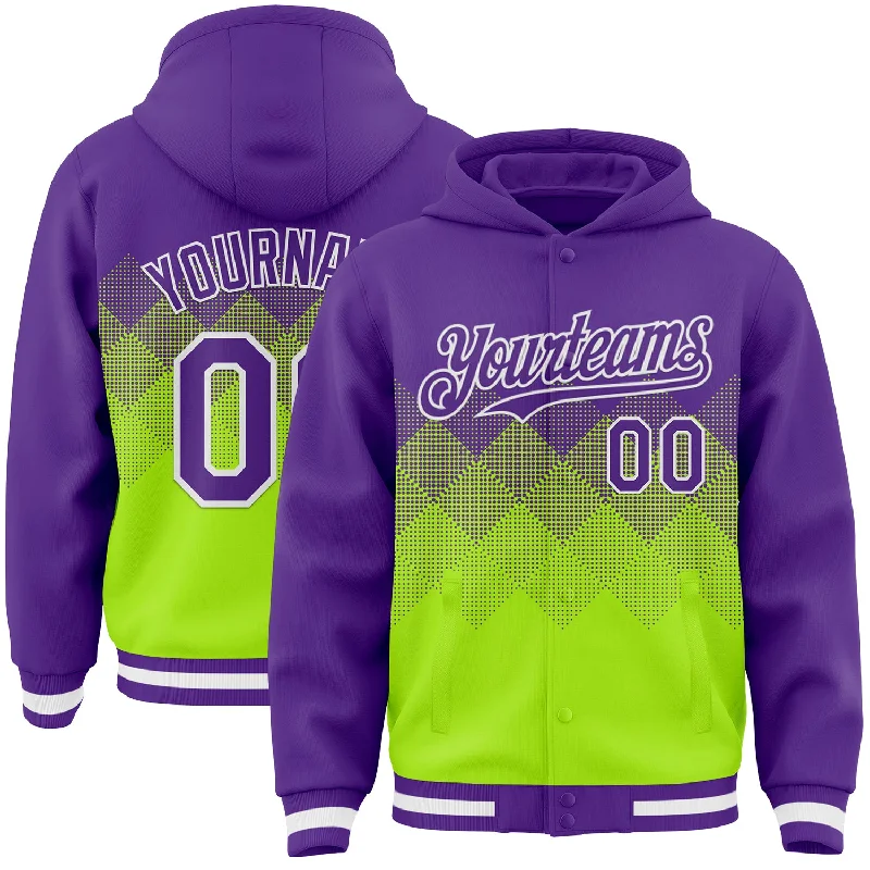 Everyday Wear For Men And Women Hot Trends Custom Purple Neon Green-White Gradient Square Shape 3D Pattern Design Bomber Full-Snap Varsity Letterman Hoodie Jacket