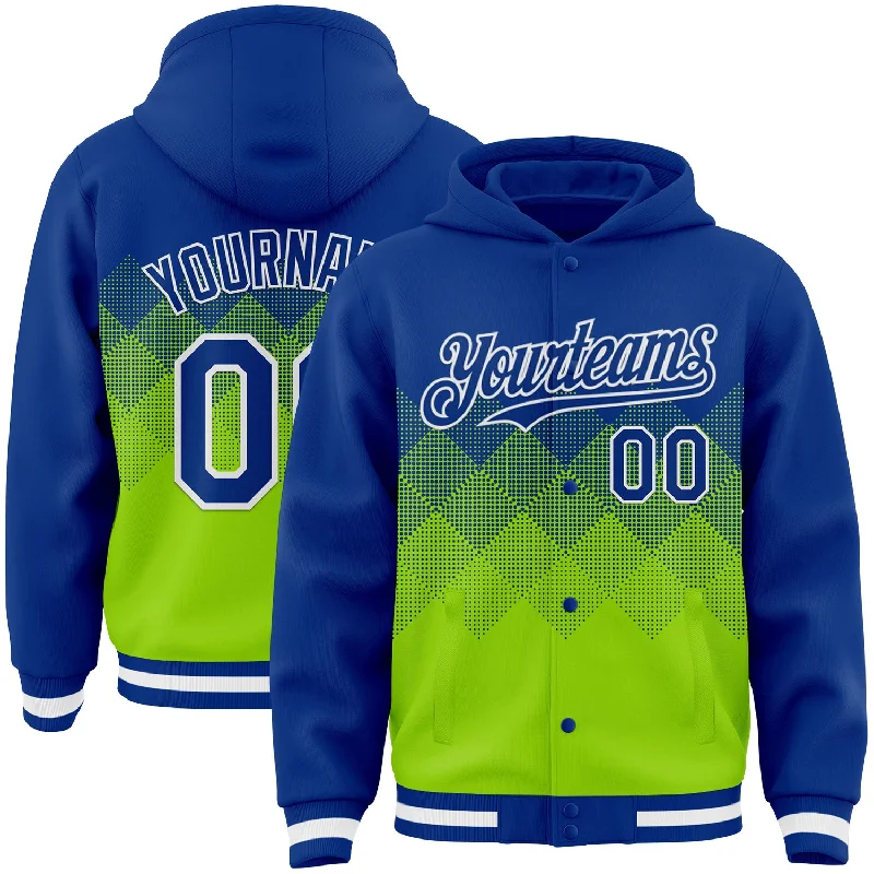 High-Quality Unisex Basics For All Occasions Everyday Elegance Sale Custom Royal Neon Green-White Gradient Square Shape 3D Pattern Design Bomber Full-Snap Varsity Letterman Hoodie Jacket