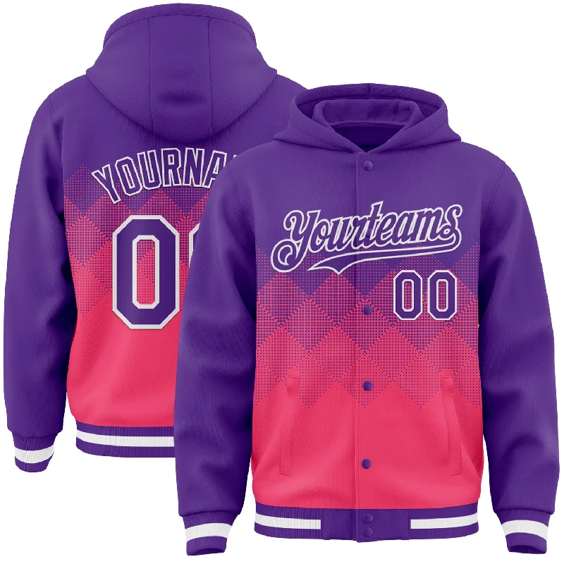 Gender-Neutral Clothing Styles Evening Elegance Custom Purple Neon Pink-White Gradient Square Shape 3D Pattern Design Bomber Full-Snap Varsity Letterman Hoodie Jacket