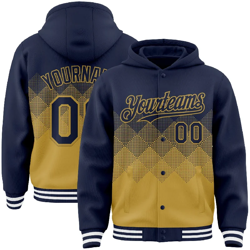 High-Quality Unisex Basics For Everyday Wear Affordable Trendy Fashion Custom Navy Old Gold-White Gradient Square Shape 3D Pattern Design Bomber Full-Snap Varsity Letterman Hoodie Jacket