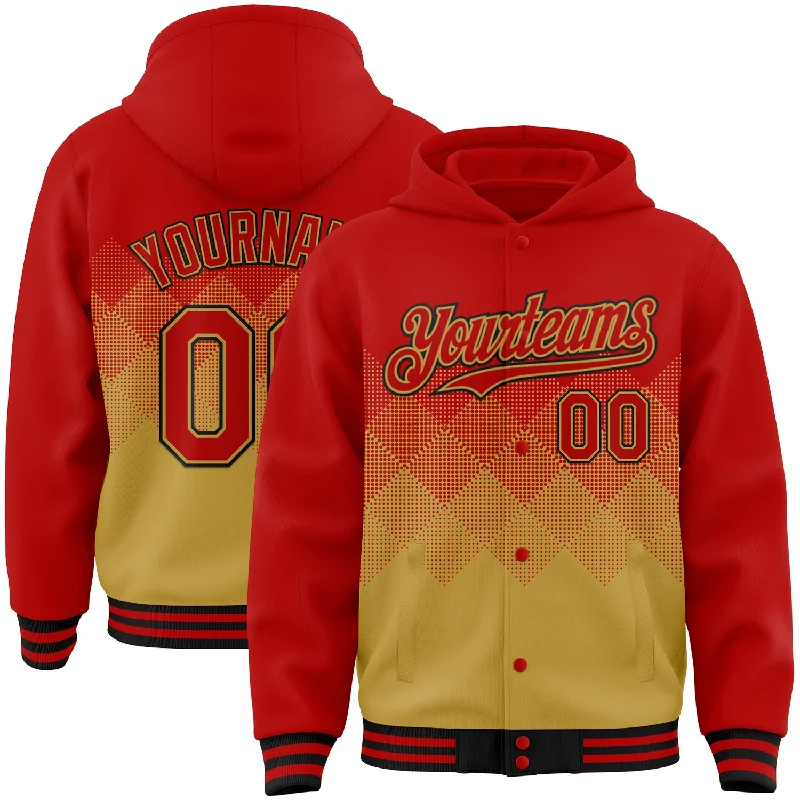 Classic And Timeless Gender-Neutral Fashion New In This Season Custom Red Old Gold-Black Gradient Square Shape 3D Pattern Design Bomber Full-Snap Varsity Letterman Hoodie Jacket