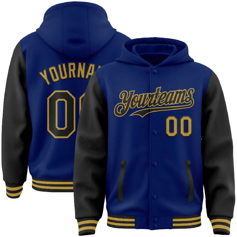 Urban Unisex Fashion Outfits New Arrivals Custom Royal Black-Old Gold Bomber Full-Snap Varsity Letterman Two Tone Hoodie Jacket