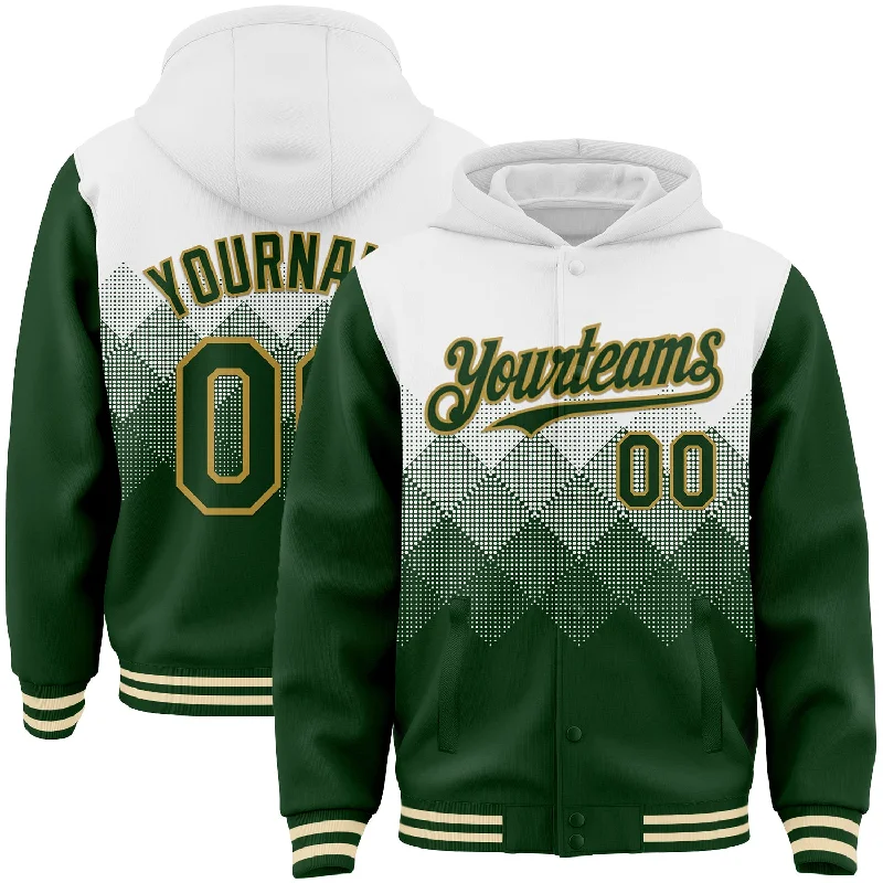 All-Season Unisex Clothing Collection Sustainable Fashion Extravaganza Custom White Green-Old Gold Gradient Square Shape 3D Pattern Design Bomber Full-Snap Varsity Letterman Hoodie Jacket