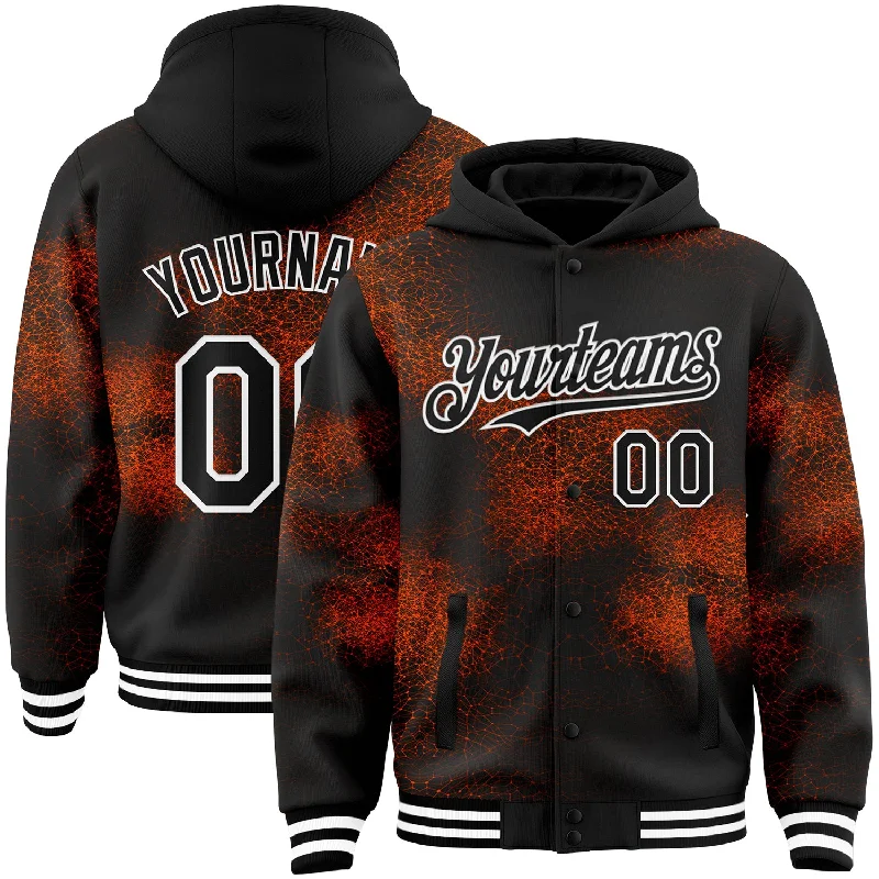 Oversized And Relaxed Unisex Fashion Unleash Your Style Custom Black Orange-White Abstract Network 3D Pattern Design Bomber Full-Snap Varsity Letterman Hoodie Jacket