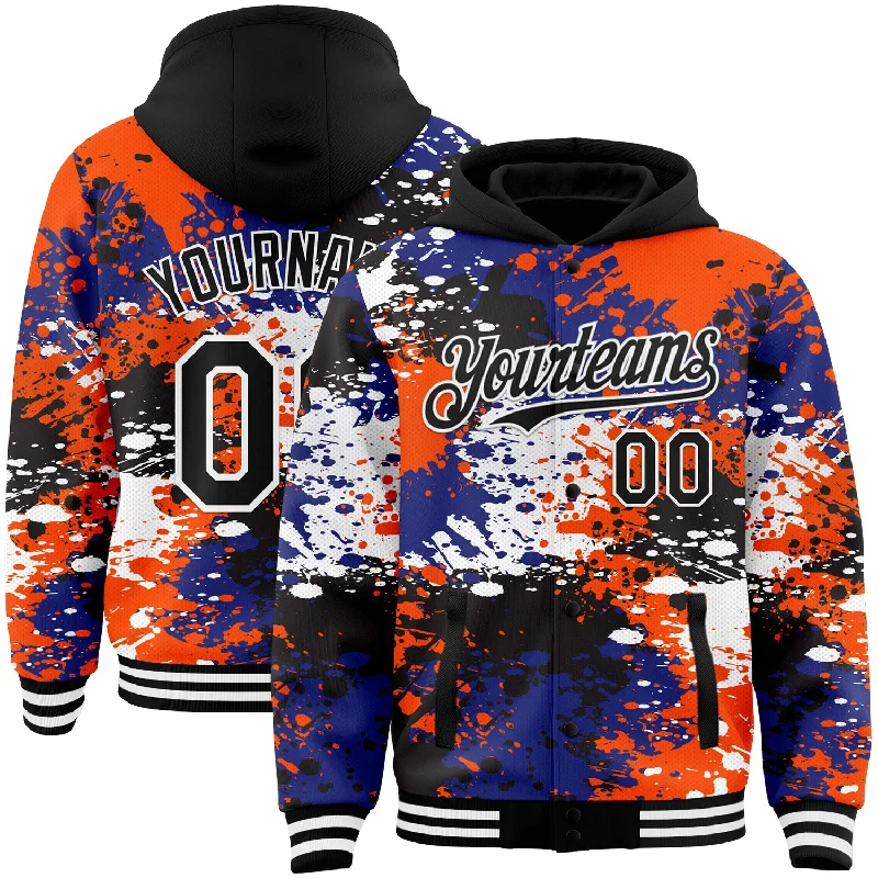 Classic Unisex Fashion Looks Limited Time Flash Sale Custom Black Orange-Royal Abstract Splash Grunge Art 3D Pattern Design Bomber Full-Snap Varsity Letterman Hoodie Jacket