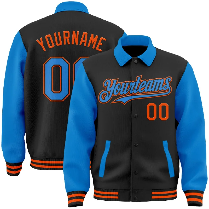 Stylish Unisex Outfit Ideas Romantic Chic Deals Custom Black Powder Blue-Orange Bomber Full-Snap Varsity Letterman Two Tone Lapel Collar Byron Jacket Stylish Unisex Outfit Ideas Romantic Chic Deals Custom Black Powder Blue-Orange Bomber Full-Snap Varsity Letterman Two Tone Lapel Collar Byron Jacket