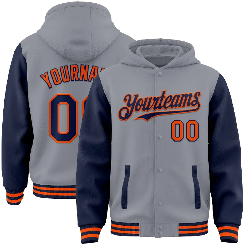 Comfortable And Stylish Unisex Outfits Stay Ahead In Style Custom Gray Navy-Orange Bomber Full-Snap Varsity Letterman Two Tone Hoodie Jacket