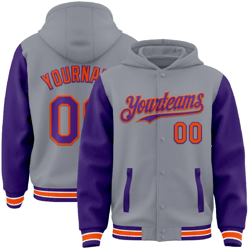 Comfortable Unisex Streetwear Embrace New Fashion Custom Gray Purple-Orange Bomber Full-Snap Varsity Letterman Two Tone Hoodie Jacket