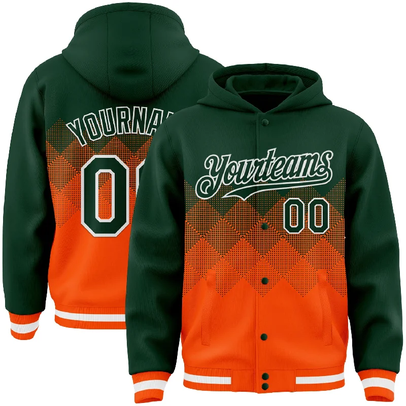 Comfortable And Stylish Unisex Outfits Luxury Fashion Discounts Custom Green Orange-White Gradient Square Shape 3D Pattern Design Bomber Full-Snap Varsity Letterman Hoodie Jacket