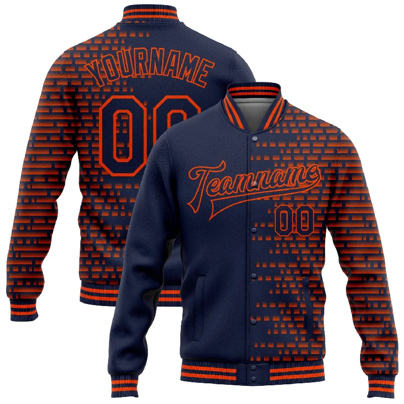 Unisex Casual Wear For All Seasons Unleash Your Fashion Custom Navy Orange Halftone 3D Pattern Design Bomber Full-Snap Varsity Letterman Jacket