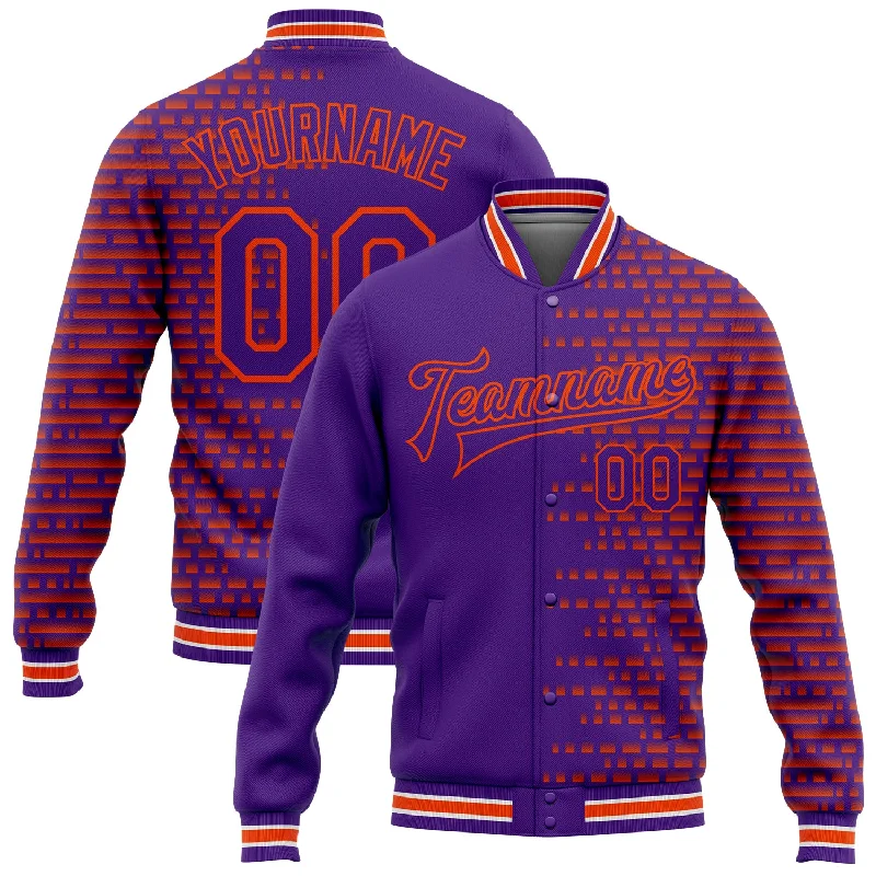 Stylish Unisex Outfit Ideas Fall Sale, Prices Drop Custom Purple Orange-White Halftone 3D Pattern Design Bomber Full-Snap Varsity Letterman Jacket