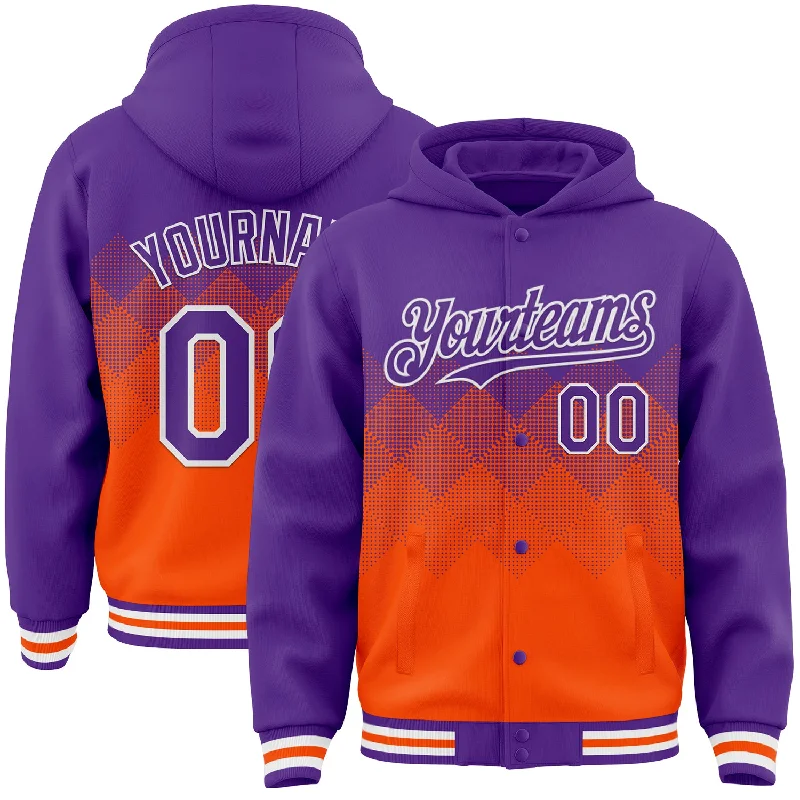 Versatile Clothing For All Genders Urban Fashion Custom Purple Orange-White Gradient Square Shape 3D Pattern Design Bomber Full-Snap Varsity Letterman Hoodie Jacket