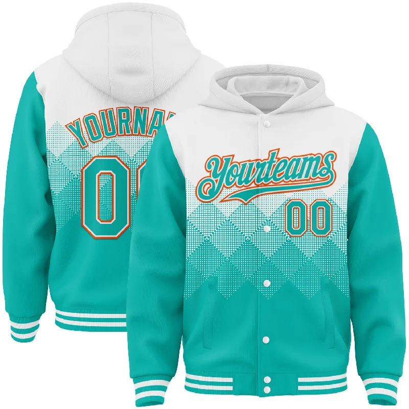 Lightweight And Breathable Unisex Wear Massive Selection Sale Custom White Aqua-Orange Gradient Square Shape 3D Pattern Design Bomber Full-Snap Varsity Letterman Hoodie Jacket