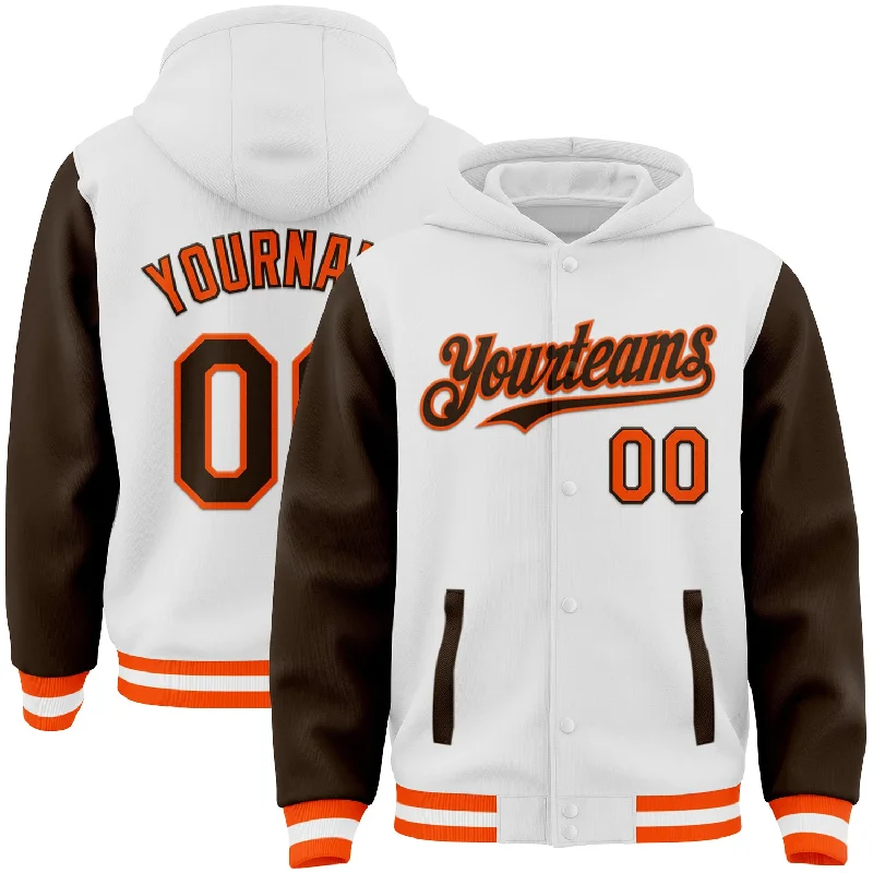 Sleek And Contemporary Gender-Free Outfits Fast Fashion Favorites Custom White Brown-Orange Bomber Full-Snap Varsity Letterman Two Tone Hoodie Jacket