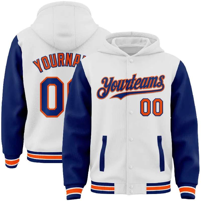 Minimalist Unisex Wardrobe Must-Haves Limited Stock, Big Sale Custom White Royal-Orange Bomber Full-Snap Varsity Letterman Two Tone Hoodie Jacket