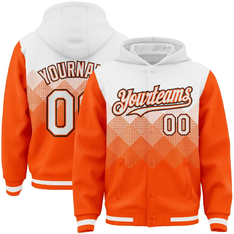 Urban Unisex Fashion Outfits Exclusive Discounts Custom White Orange-Black Gradient Square Shape 3D Pattern Design Bomber Full-Snap Varsity Letterman Hoodie Jacket